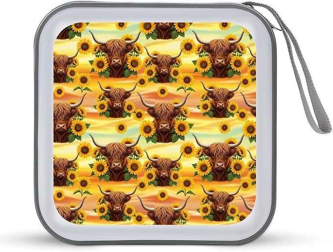 40-Disc CD/DVD Organizer Wallet Highland Cow Sunflowers, Heavy-Duty Hard Plastic Binder, Portable Storage Case with Carry Strap for Car
