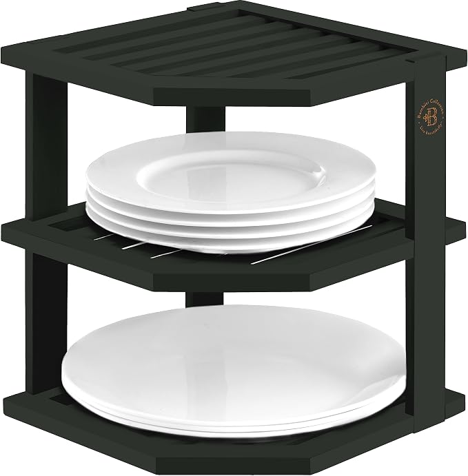 Black Plate Organizer for Cabinet - 3 Tier Bamboo Corner Cabinet Organizer Shelf for Plates Bowls Mugs Cups, Kitchen Cabinet Organizer, Cabinet Shelf Organizer, Countertop Rack, 10 x 10 x 9.5 Inch