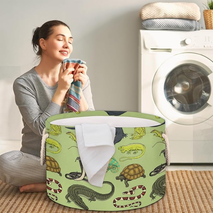 Storage Baskets - Amphibians Large Nursery Organizer Bin Box with Handles Collapsible Round Snakes Laundry Hamper for Kids Boy Toys Blanket, Bedroom Living Room Home Decor Gift Basket (19.4"x13.3")