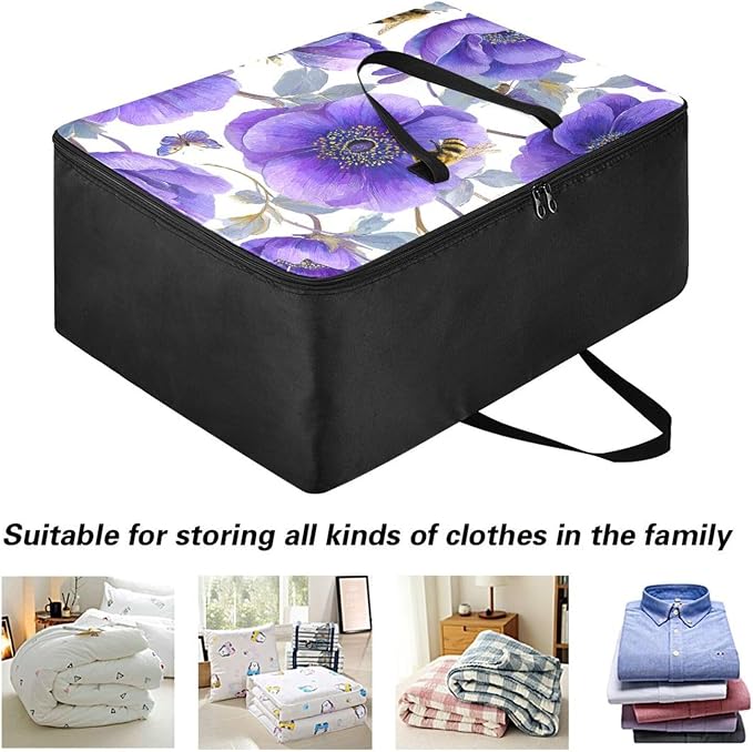 Comforter Storage Bags Large Folding Blanket Organizer Bag with Strong Handles Clear Window Closet Storage Containers for Clothes King Queen Pillows Bedding Quilt Duvet Purple Anemone Bees