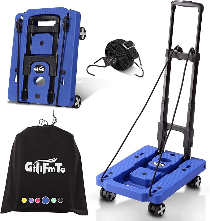 GtIiFmTe Foldable Hand Truck, Lightweight Luggage Cart for Airport Car Seat | Compact Folding dolly with Rotating swivel wheel,storage size12×15.7×4.1",300lbs Load,Upright Lock Handle with 3bungee cords