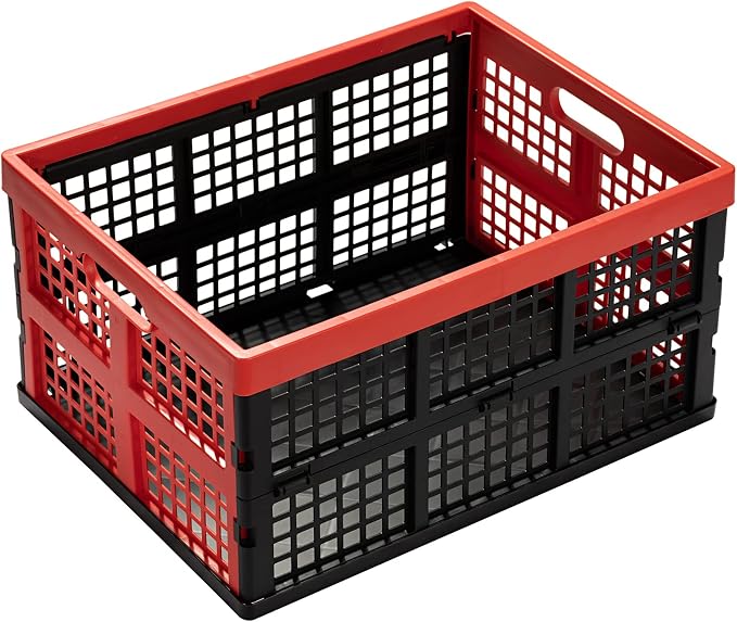 Eslite 34L Large Plastic Folding Storage Crates,Collapsible Crates for Storage,Pack of 3 (Black+Red)