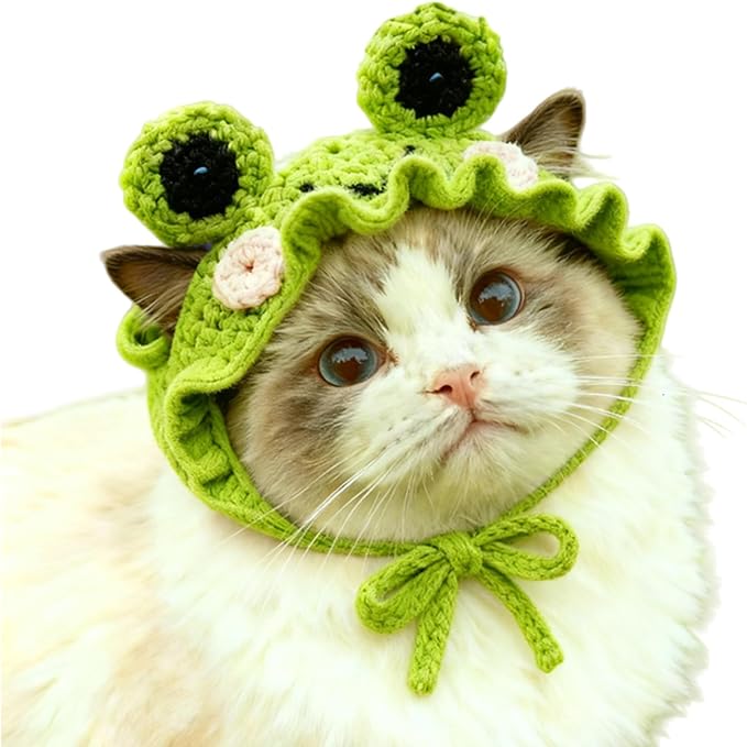 Cute Cat Hat Costume Suitable for 5 to16 lbs - Frog Cat Bonnet Head Circumference 11" or Less Cat Halloween Costumes Pet Photography Outfits