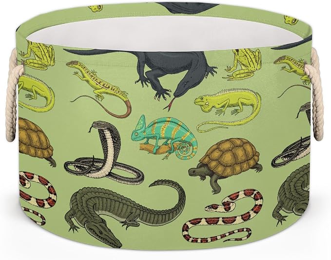 Storage Baskets - Amphibians Large Nursery Organizer Bin Box with Handles Collapsible Round Snakes Laundry Hamper for Kids Boy Toys Blanket, Bedroom Living Room Home Decor Gift Basket (19.4"x13.3")