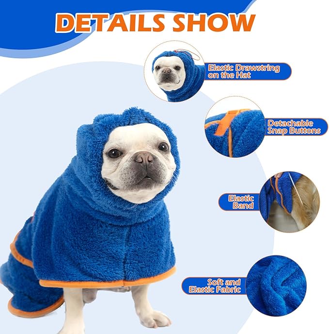 EXPAWLORER Soft Dog Bathrobe with Hood, Super Absorbent & Quick-Drying Dog Towels, Cozy Drying Coat for After Bath,Swimming, Blue M