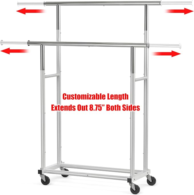 Simple Houseware Standard Double Rods Clothing Garment Hanging Rack, Silver | Extendable Width from 30.5 to 48 Inches