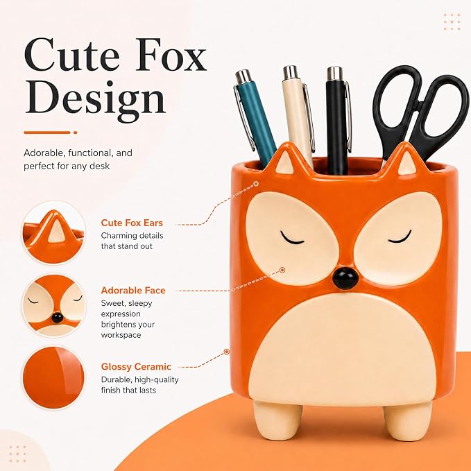Ceramic Fox Shaped Pen Pencil Holder for Desk Decoration Accessories Fox Decor Makeup Brush Pen Cups Office School Ideal Gifts for Women, Mom or Birthdays