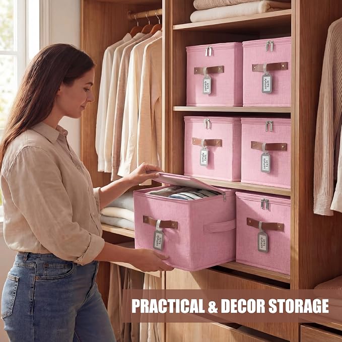 6 Pack Fabric Bins with Lids, 10 x 8 x 7 Inch Fabric Storage Bins with Zipper Lids and Labels, Decorative Foldable Storage Cubes with Handles for Closet Nursery Shelf Organization, Pink