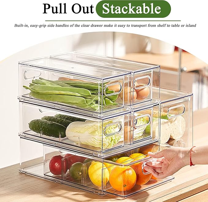 bealy 4 Pack Clear Storage Drawer Set, Stackable Fridge Drawer Organizer Fruit Vegetable Storage Containers for Kitchen Pantry Organization,BPA-Free