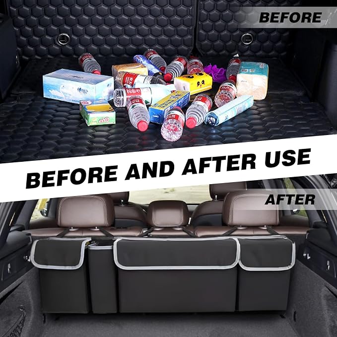 Car Trunk Organizer, Trunk Hanging Large Storage with Adjustable Straps, Waterproof Collapsible Cargo Storage Bag with 4 Pockets, Car Interior Accessories for SUV, Truck