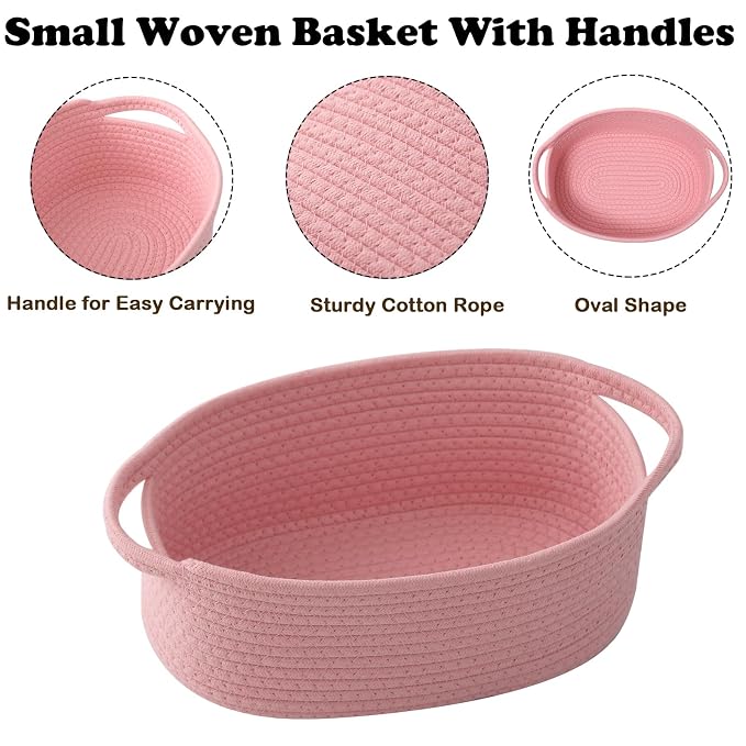 Pink Woven Rope Basket - Baby Gift Basket with Bag & Ribbon | Cotton rope with handle, 12x8x5 in, gift bag and ribbon, for baby shower, birthday, toy storage, nursery, shelf decor