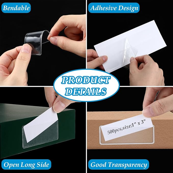 500 Pcs Label Holder Self Adhesive Clear Pocket Bulk 3x3 Inch | Plastic Sticking Shelf Tag for Shelf, Cabinet, Storage Bin Organization, Easy Peel Stick, PVC, Waterproof and Reliable