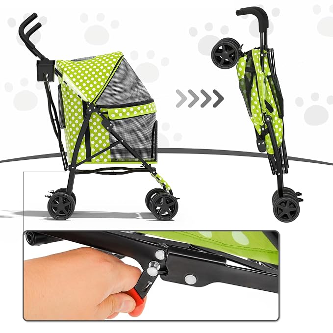 MoNiBloom Pet Stroller for Small/Medium Dogs and Cats, Lawn Green Polka Dots