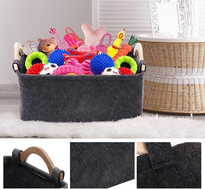Toy Basket for Dogs Felt Cute Foldable Organizer with Wooden Handle | Pet Toy Basket for Kids Blankets Collars Leashes Indoor Outdoor Home Garage Dorm Traveling Laundry Room