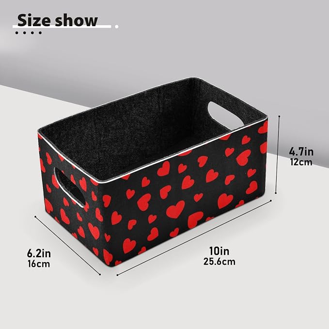 Emelivor Valentines Hearts Black Storage Basket Bins Set (2pcs) Felt Foldable Storage Bins with Dual Handles Dog Basket for Office Bedroom Closet Babies Nursery DVD Laundry