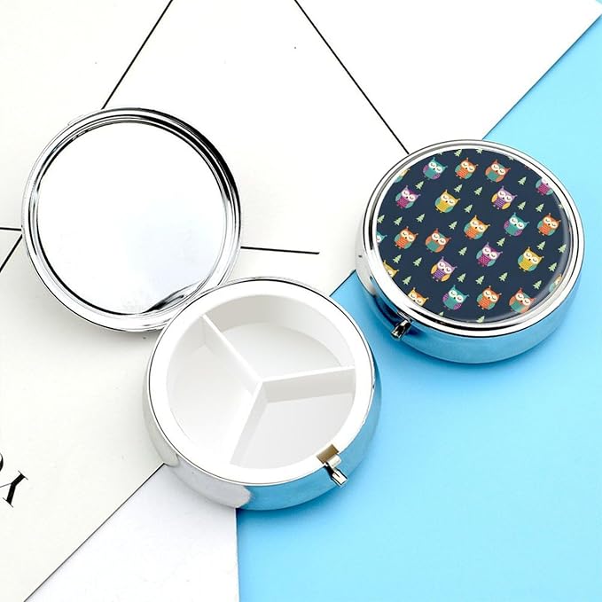 Small Pill Holder, Owl Round Waterproof Organizer, Travel Case for Vitamins, Pocket Purse Box for Daily Fitness