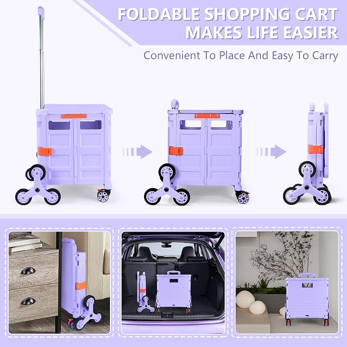 Foldable Utility Cart with Stair Climbing Wheels,Collapsible Rolling Crate with Magnetic Lid Telescopic Cover,Telescoping Handle,360° Rotate Wheel Hand Cart for teacher Shopping Moving Grocery(Purple)