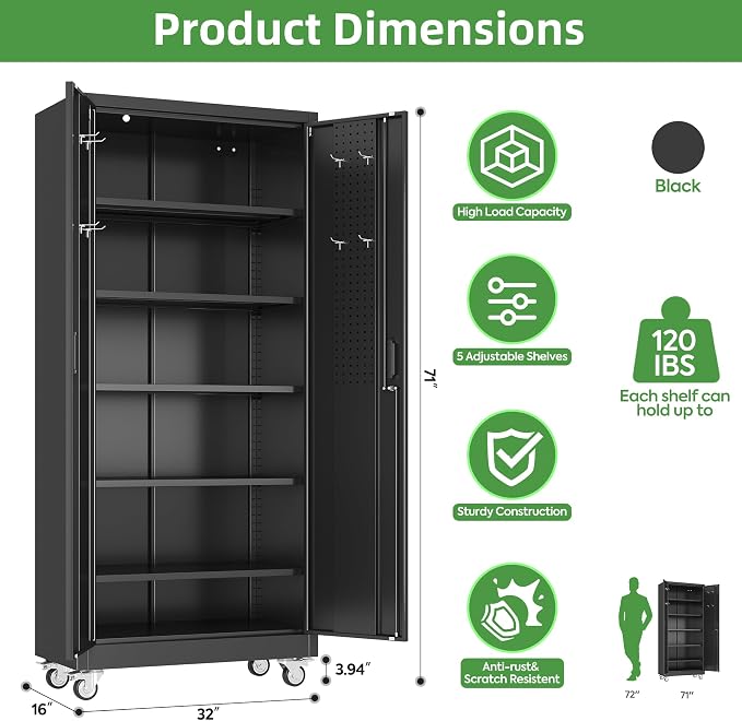 71 in. Garage Storage Cabinet with Wheels, 5 Shelves, Black | Lockable steel organizer with dual pegboard doors, four locking casters, and five adjustable shelves.