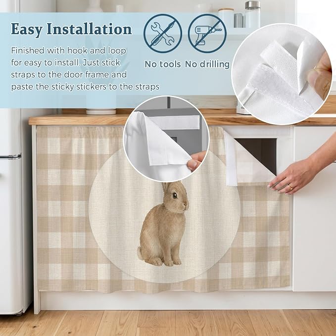 Rabbit Plaid Sink Skirt for Bathroom, Self-Adhesive Under Sink Curtain, Rustic Farmhouse Checkered Retro Animal Hide Pipes & Storage Fabric Cabinet Skirt Cover for Kitchen Laundry 32"x55"
