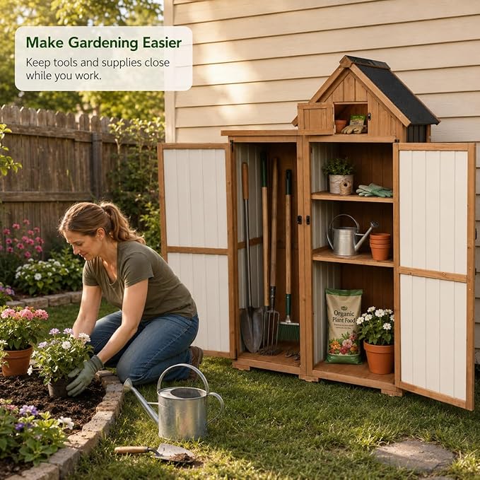 Ketive Outdoor Storage Cabinet, 67" Wooden Garden Tool Storage Shed | Shelves, Metal Panels, Top Storage Compartment, Asphalt Roof, Ground Anchors for Patio, Backyard, Garden Tools