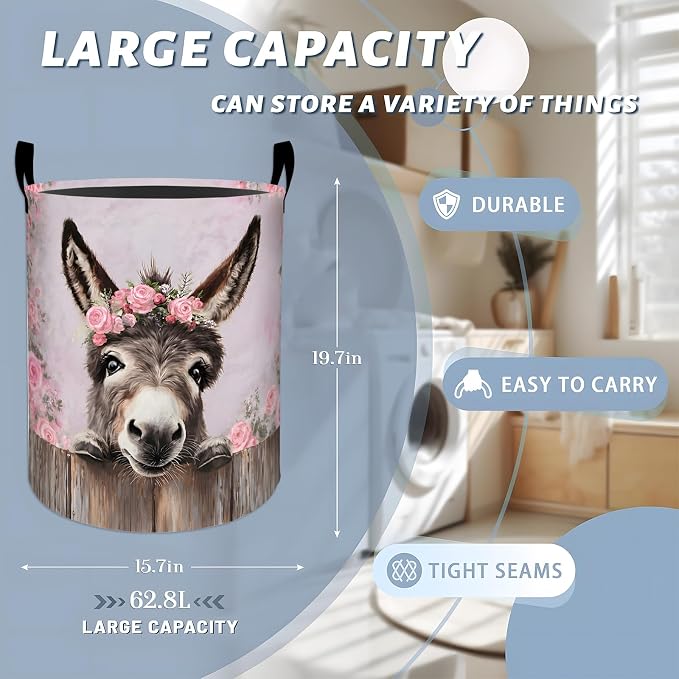 Donkey Floral Laundry Basket, Pink Rose Flower Storage Hamper, Round Collapsible Waterproof Cloth Bin, 19.7x15.7 Inch Rustic Watercolor Farmhouse Clothes Organizer Gifts for Bathroom Decor