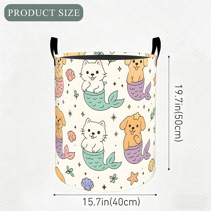 Cute Mermaid Pet Laundry Basket Hamper, Organizer Bins Gifts for Women Kids, Cat Dog Art Foldable Waterproof Clothes Hamper Handles Storage Bucket for Bedroom Bathroom Room Decor 19.7"x15.7"