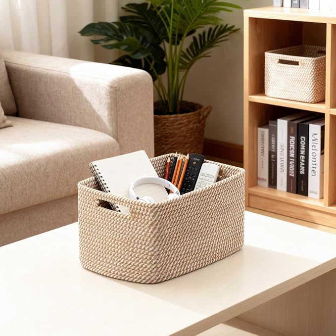 5 Pack Woven Storage Baskets, Decorative Storage Bins for Organizing | 13.8'' × 9.8'' × 7.9'', Cotton Rope Basket Organizer for Closet, Shelves, bathroom, Nursery, Toys, Books, Pantry, Khaki