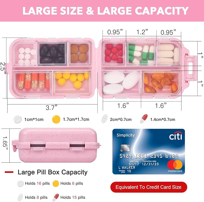 Large Pill Box with 189 Medicine Labels - Pill Organizer with Stickers, Medication Travel Case (Pink, 1 Pack)