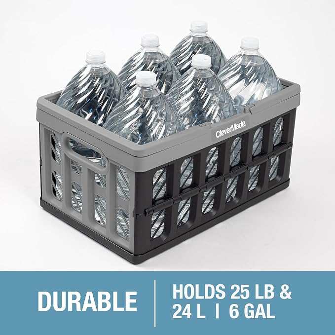 CleverMade Eco Collapsible Shopping Basket with Handles, 24L Stone, 3 Pack | Keep Groceries Upright in the Car | Rigid Walls Carry 25 lb Each, Stack Securely, and Fold to 2.25 Inches for Storage