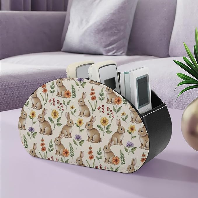 Desk Remote Control Holder Organizer Cute Rabbit Bunnypattern 5 Compartment | Remote Caddy Box, Cute Rabbit Bunnypattern, Pu Leather, Fit Media Player, Maleup Brush, Office Supplies Accessory