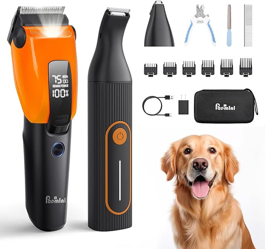 PAPMINI Dog & Cat Grooming Kit for Thick Coats, Heavy Duty Rechargeable Trimmer with LED Display & Storage Bag (Orange, 2 in 1)