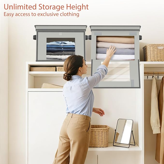 Univivi Front Opening Storage Bins with Lids for Home, Gray, 4 Pack | Foldable Fabric Storage Boxes, Large Closet Organizers and Storage with Clear Window & Handles for Clothing Storage