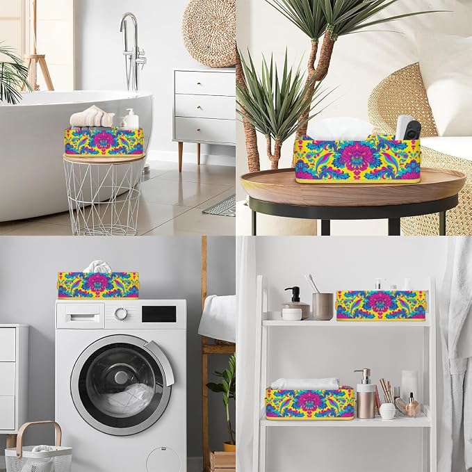 Bright Floral Ethnic Style Bathroom Storage Basket, Foldable with Handle Open Countertop Paper Towel Decorative Box, Toilet Tank Top Shelf Baskets for Home Closet Bedroom Living Room Office