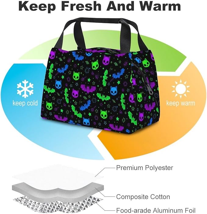 Insulated Lunch Cooler Bag with Handle, Neon Witch Bats | Leakproof Snack Tote, Cute Food Storage Bag, for Drinks Fruits Meals, Portable and Reusable