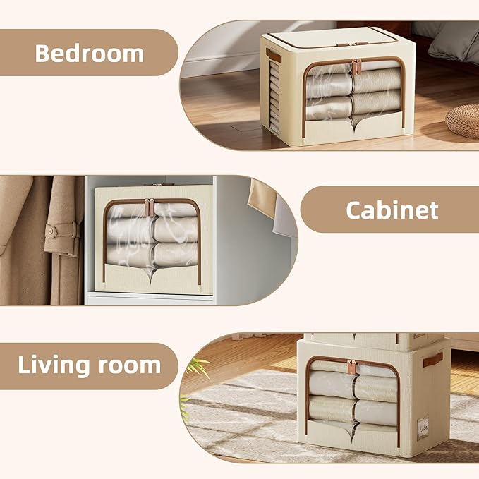 FHSQX 6 Pack Clothes Storage Bins, Beige, 40L,16.5x12.2x12.2 inch | Foldable, Fabric Storage Box, Metal Frame,