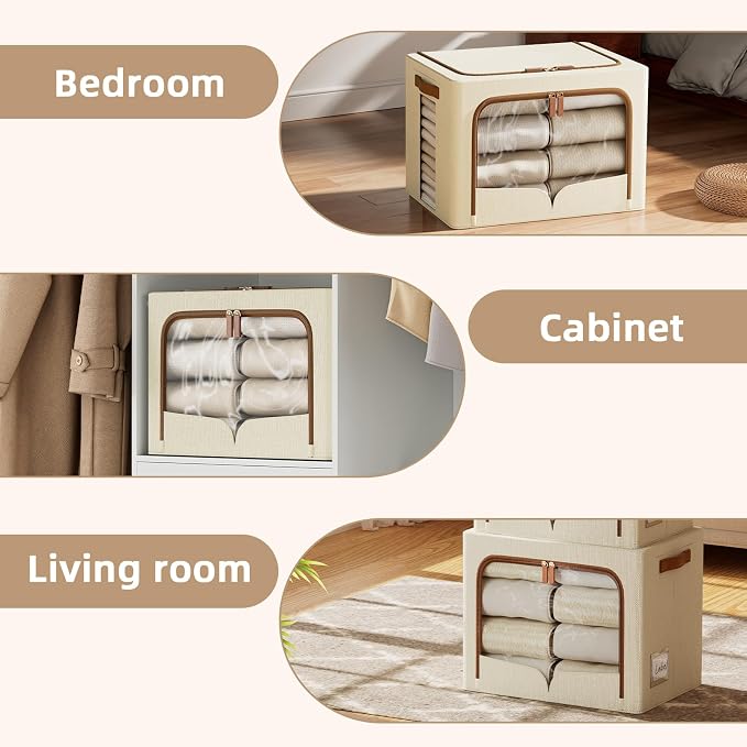 FHSQX 6 Pack Clothes Storage Bins with Metal Frame, Ivory White, 19.7x15.7x13 inch