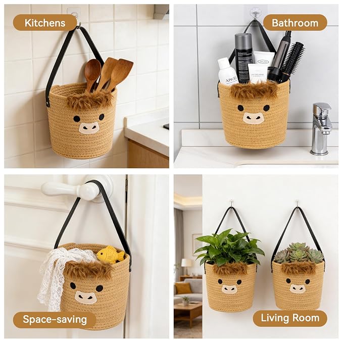 2 Pack Highland Cow Cotton Rope Basket - Cute Brown Basket with Handle for Plants, Toys & Baby Stuff, Western Nursery Decor, Baby Gift Box (7.8"x7")