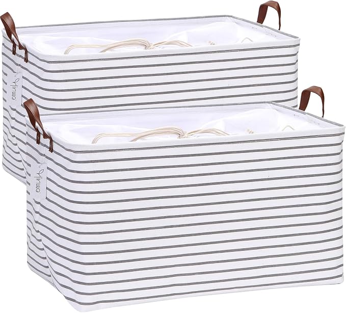 Hinwo 2-Pack Extra Large Canvas Fabric Storage Baskets with Handles, 70L Oversized Storage Bins, Collapsible Storage Box, Clothes, Toys, Blankets Organizers, 22 x 15 x 13 inches, (Grey Stripe)