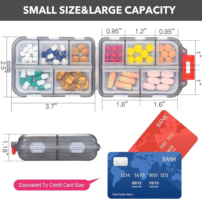 Travel Pill Organizer with 189 Medicine Labels, 10 Compartments Small Pill Case Compact and Portable Travel Pill Box for Airplane Car Purse Nurse Vacation Essentials (Gray, 1 Pack)