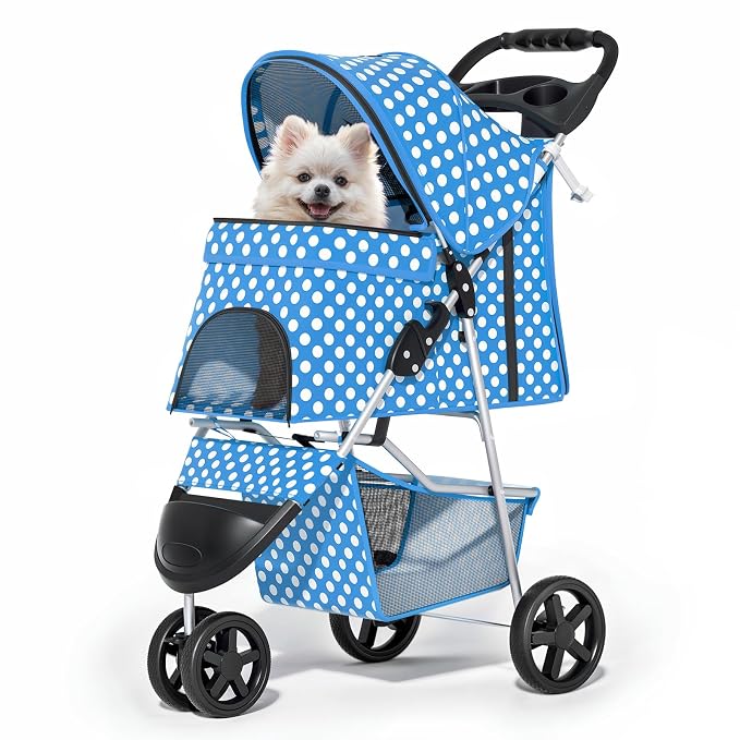 MoNiBloom Pet Stroller for Small/Medium Dogs and Cats, Sky Blue | Foldable Dog Stroller 3 Wheels Pet Strolling Cart w/ Storage Basket Cup Holder, Breathable and Visible Mesh for All-Season