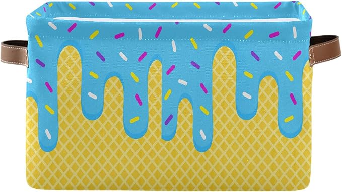 Wamika Ice Cream Drip Baseball Storage Basket with Waterproof Liner and PU Handles Blue Candy Storage Bins Boxes 14.2" Collapsible Decorative Organizer Baskets for Bedroom Closet Office 1 Pack