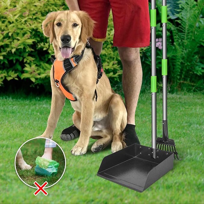 TOOGE Metal Pooper Scooper for Dogs Heavy Duty Long Handle Rake & XL Tray | Poop Scooper for Large Dogs with 9”W 9.5”L Extra Large Tray for Yard, Grass, Dirt & Gravel