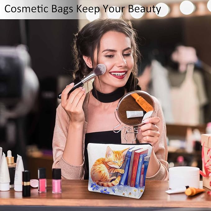 Cat Cosmetic Travel Bag For Toiletries, Funny Cat Kitten Sleep Floral Library Bookshelf Makeup Bag Toiletry Bags For Women, Flax Cosmetic Bags Make Up Bag Purse Toiletries Bag Birthday Gift