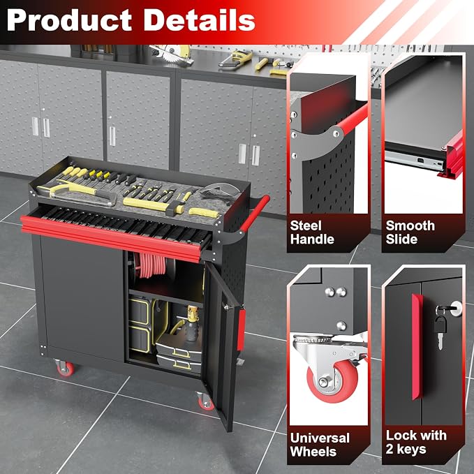 Kelueo Metal Garage Storage Cabinet with Wheels,Lockable Storage Cabinets with Adjustable Shelf,Steel Tool Locker with Pegboard and Handle for Garage,Warehouse
