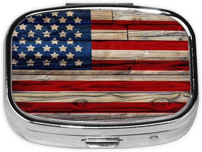 Small Pill case for Pockets & Purses Pill Box Makes 2 Compartment Travel Medicine Organizer (Vintage Wooden American Flag)