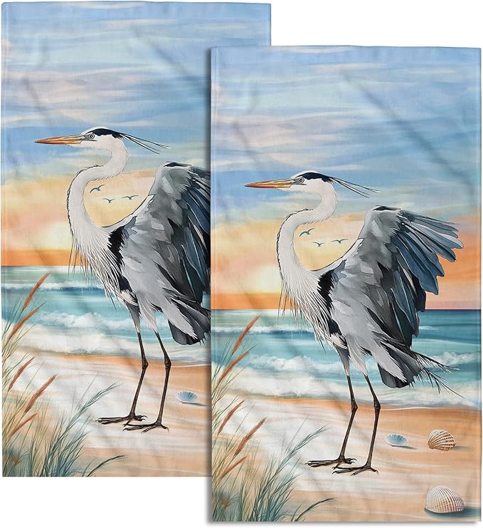 Giwawa Heron Towel Set of 2 Watercolor Summer Coastal Sea Bird Decorative Hand Face Towels for Bathroom Guest Nautical Beach Themed Microfiber Kitchen Dish Towel for Hotel Gym Spa Season