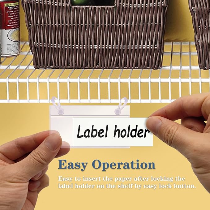Basket Label Holders, ELEMGULY 30PCS Plastic Basket Label Clips with Easy Button Lock Design, Wire Shelf Label Holder Wire Rack Display Holder Price Sign for Home Market (60pcs Label Paper Included)
