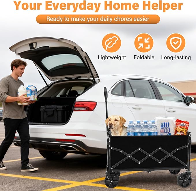 Wagons Carts Foldable, Collapsible Wagon with Wheels — Durable Folding Utility Pull Wagon Cart for Groceries, Picnic & Pets, Park Trips & Small Hauls, 280 lbs Heavy Duty Capacity,Graphite Black