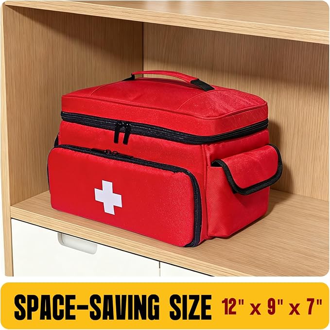 Small First Aid Bag Empty Medical Bag Red Pill Bottle Organizer Case, Portable Emergency Bag Travel Medicine Kit Storage 12" x 9" x 7" First Aid Box for Car, Home, Office, Dorm, Camping (Red)
