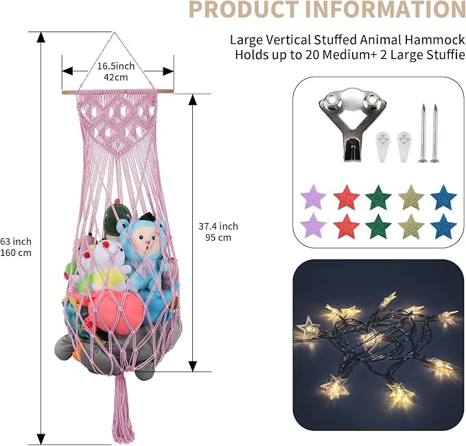 63 Inch Stuffed Animal Hammock Corner,Macrame Toy Plushie Net,Pink | Wall Ceiling Over Door Hanging Net for Stuffed Animals,Stuffy Storage Display w/ Star Lights,Nursery Playroom Kid Room Decor